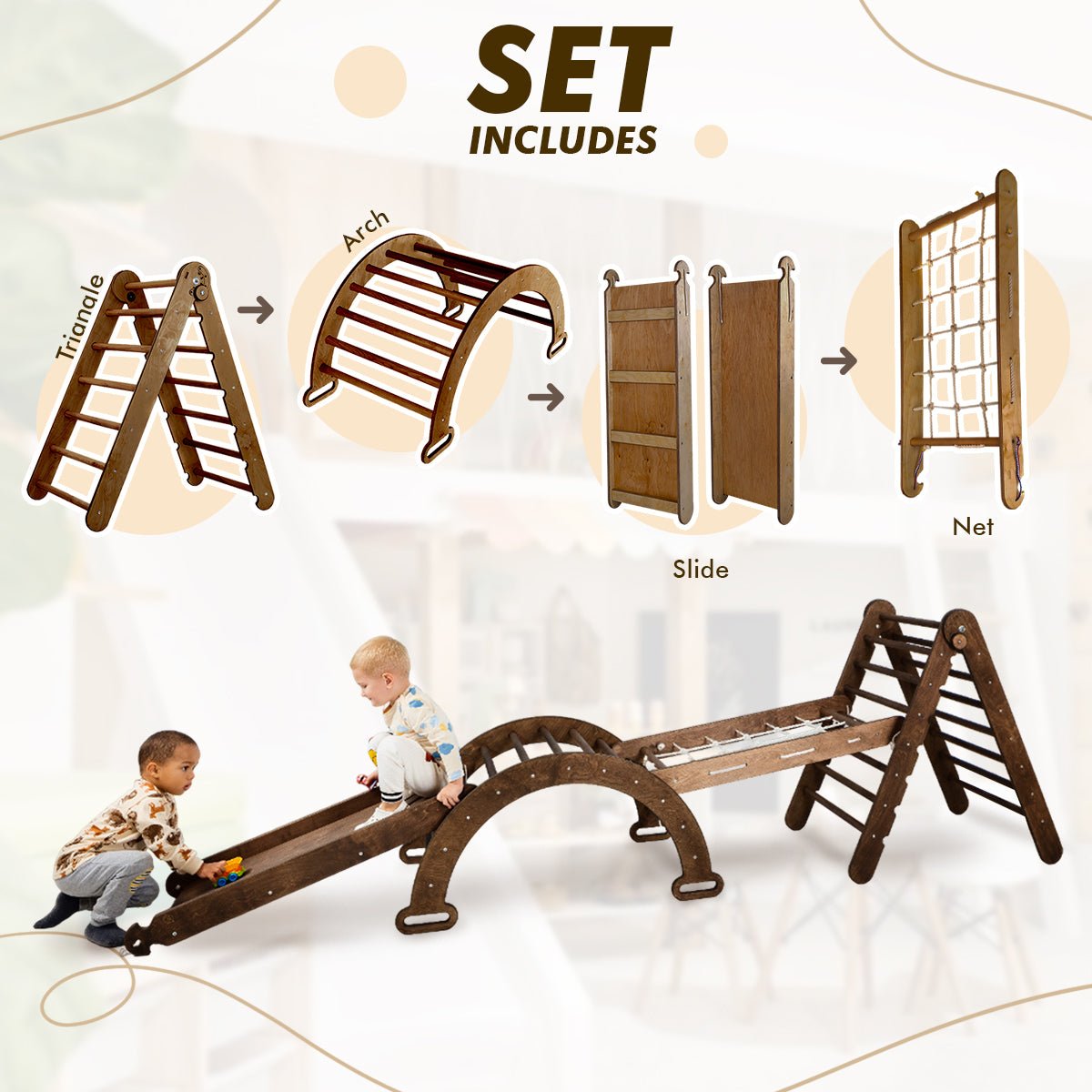 4in1 Montessori Climbing Set: Triangle Ladder + Arch/Rocker + Slide Board/Ramp + Net – Chocolate-1