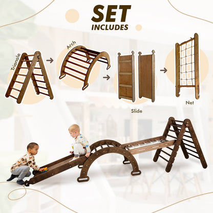 4in1 Montessori Climbing Set: Triangle Ladder + Arch/Rocker + Slide Board/Ramp + Net – Chocolate-1