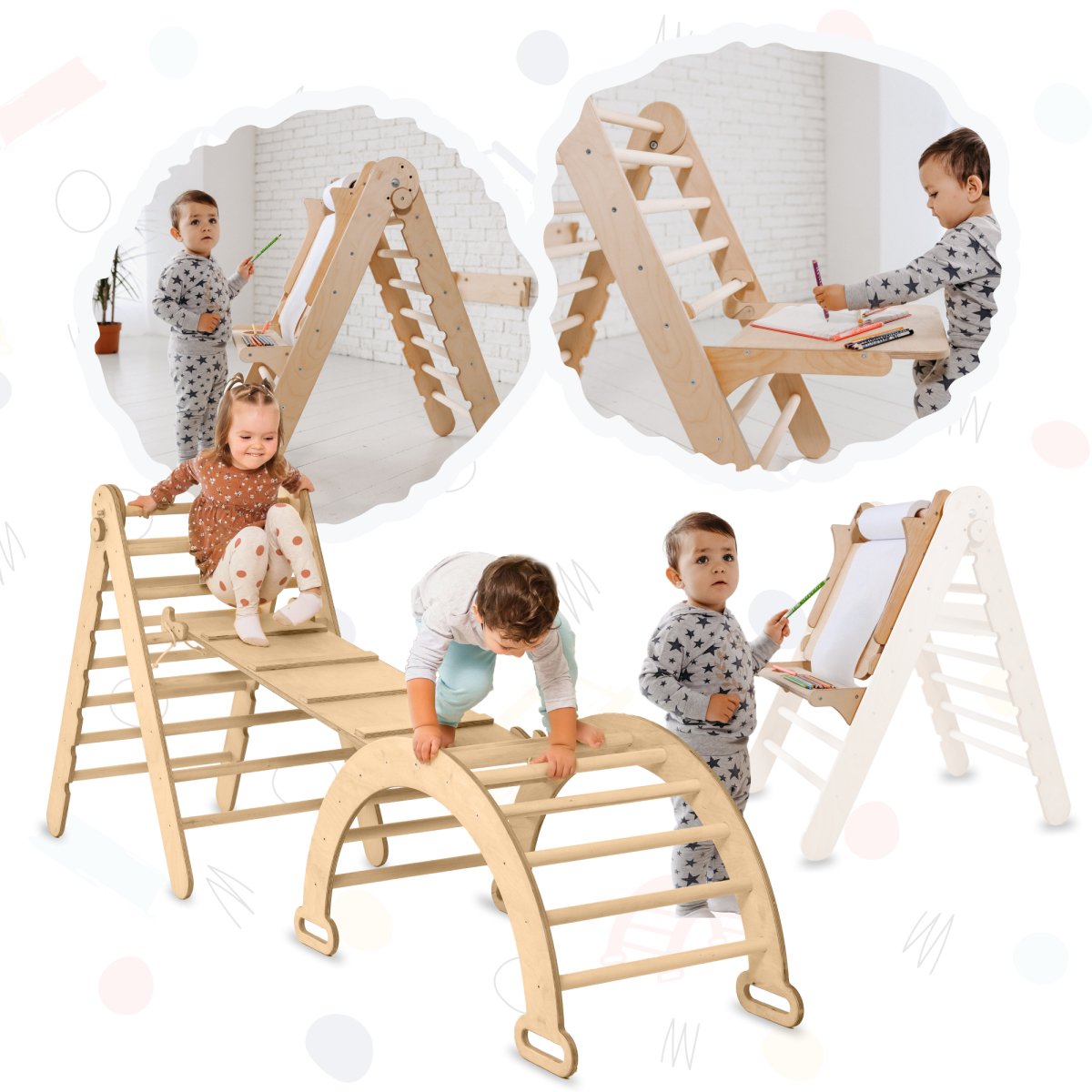 4in1 Montessori Climbing Set: Triangle Ladder + Climbing Arch + Slide Board + Art Addition-0