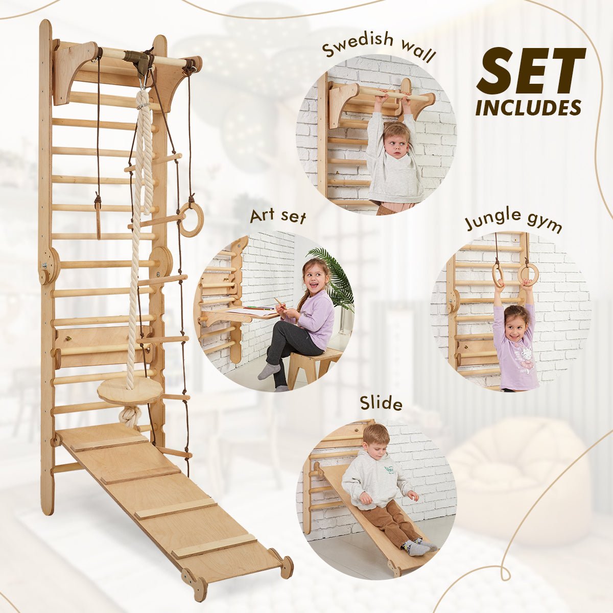 4in1 Wooden Swedish Wall / Climbing ladder for Children + Swing Set + Slide Board + Art Add-on-1