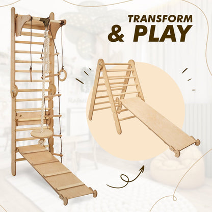 4in1 Wooden Swedish Wall / Climbing ladder for Children + Swing Set + Slide Board + Art Add-on-3