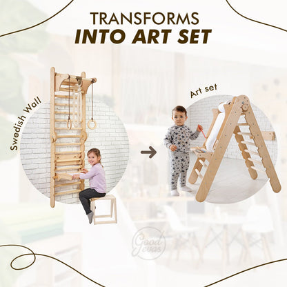 4in1 Wooden Swedish Wall / Climbing ladder for Children + Swing Set + Slide Board + Art Add-on-2