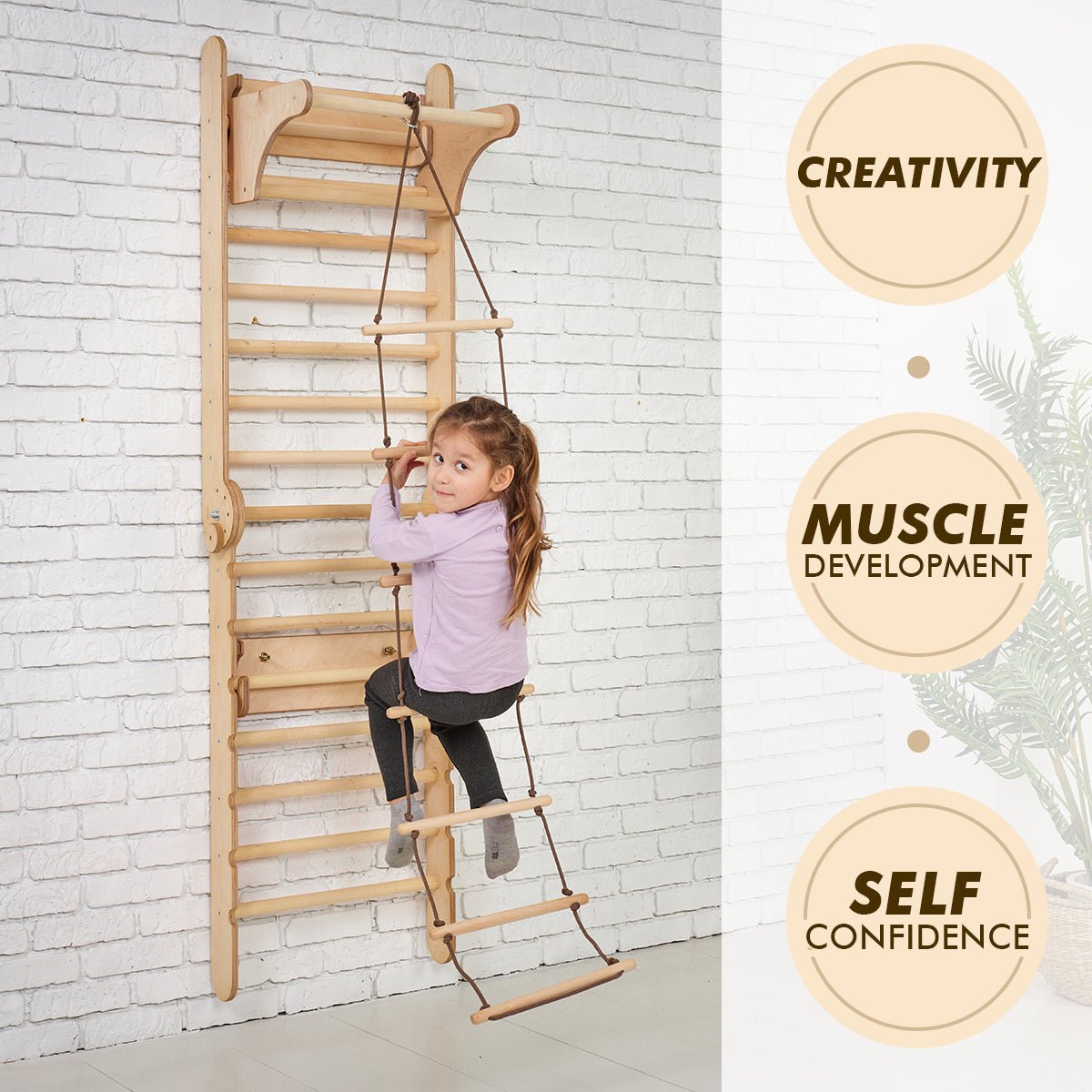 4in1 Wooden Swedish Wall / Climbing ladder for Children + Swing Set + Slide Board + Art Add-on-8