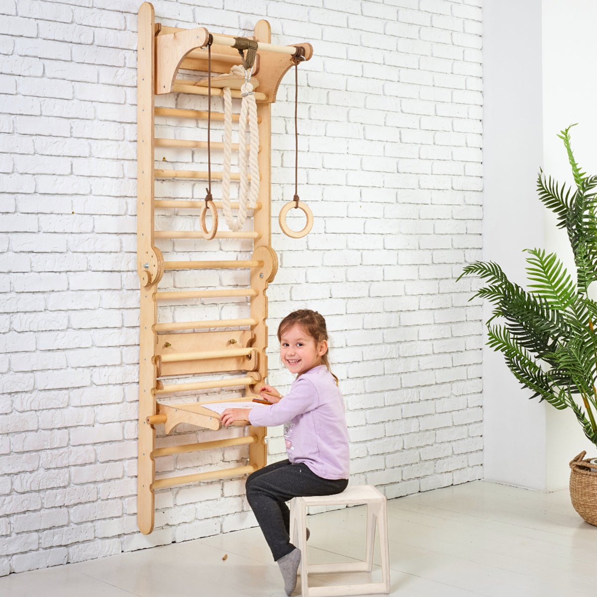 4in1 Wooden Swedish Wall / Climbing ladder for Children + Swing Set + Slide Board + Art Add-on-0