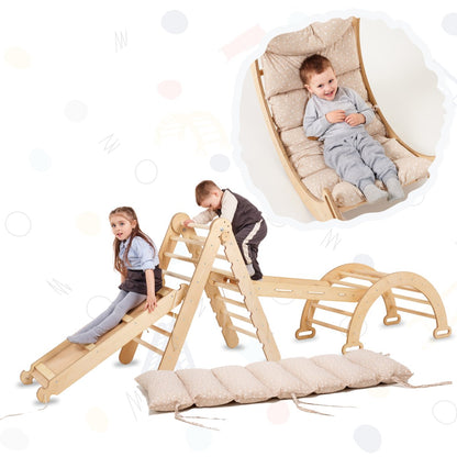 5in1 Montessori Climbing Frame Set: Triangle Ladder + Arch/Rocker + Slide Board/Ramp + Netting rope + Cushion-12