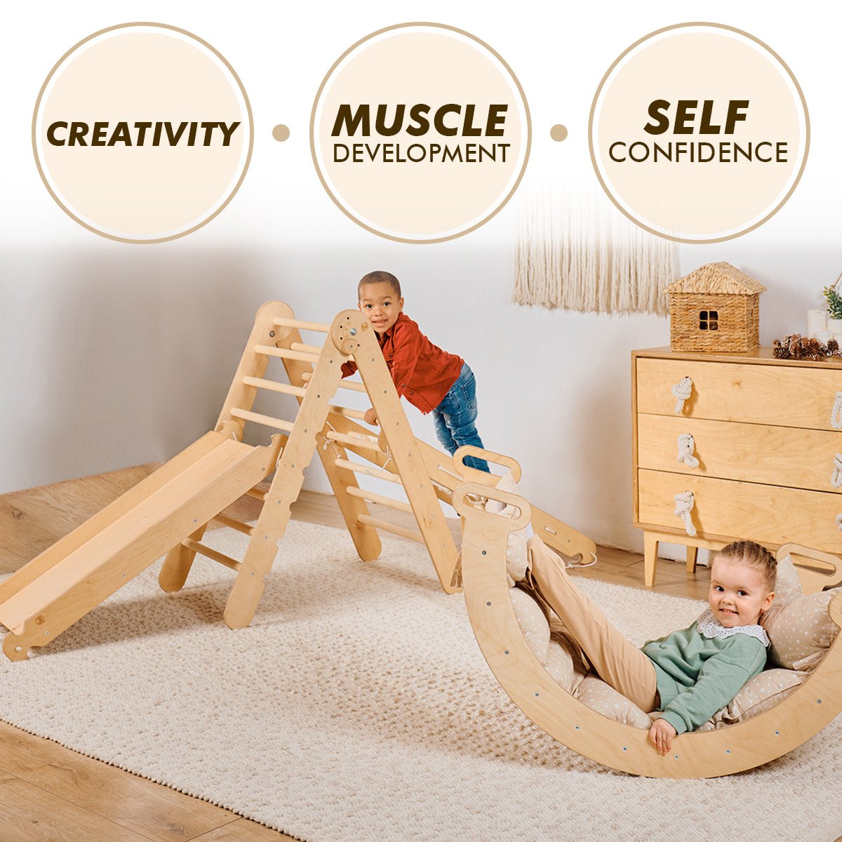 5in1 Montessori Climbing Frame Set: Triangle Ladder + Arch/Rocker + Slide Board/Ramp + Netting rope + Cushion-10