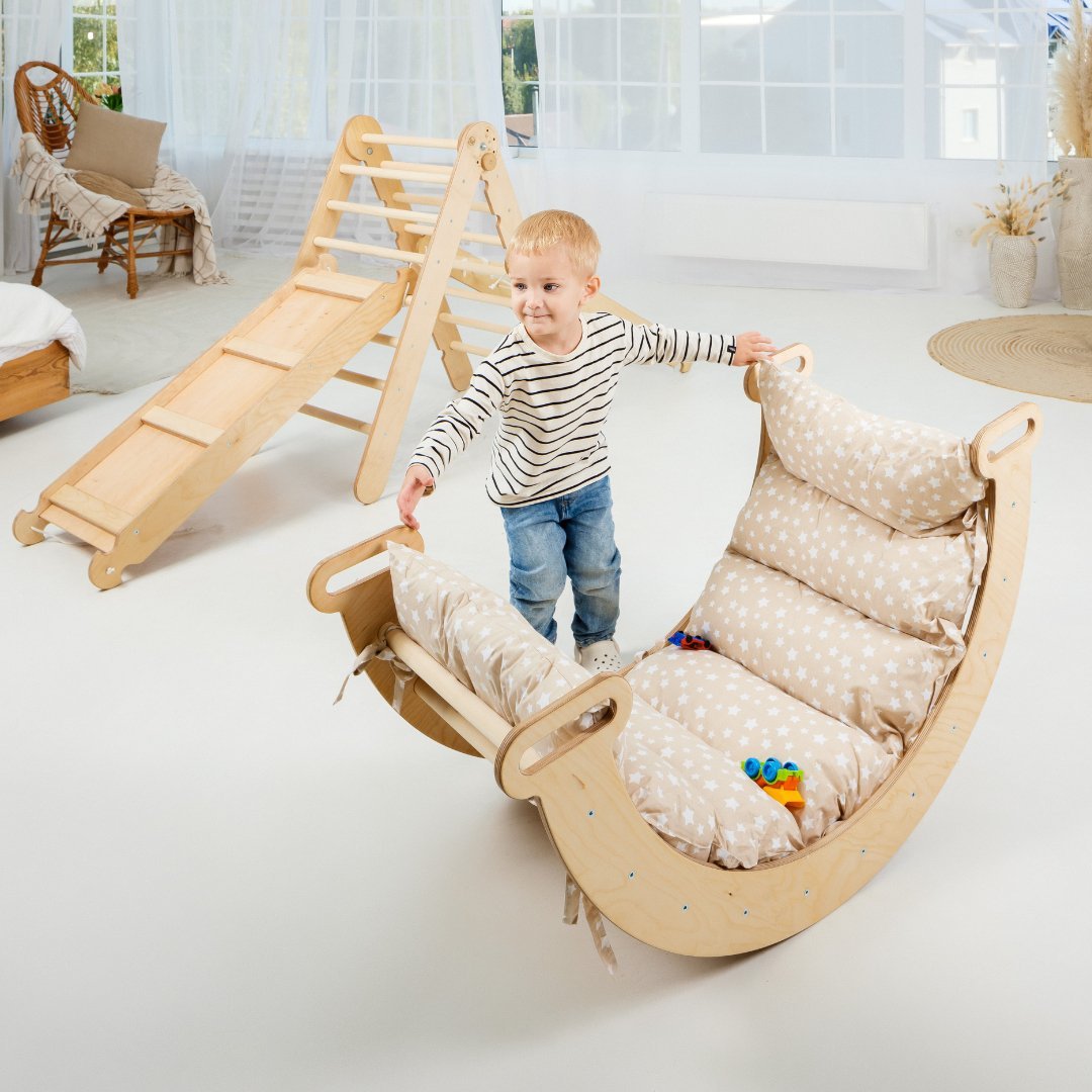 5in1 Montessori Climbing Frame Set: Triangle Ladder + Arch/Rocker + Slide Board/Ramp + Netting rope + Cushion-11