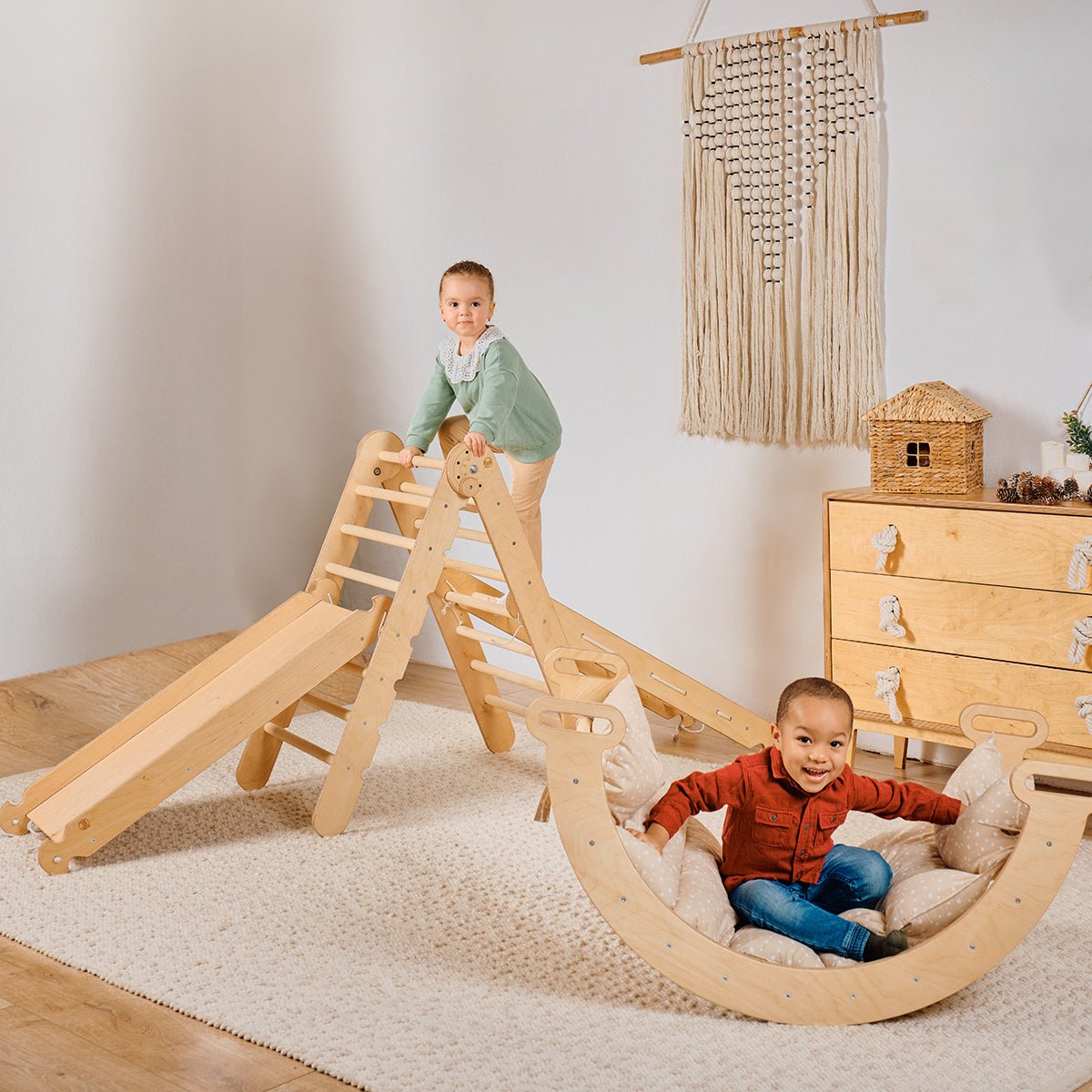 5in1 Montessori Climbing Frame Set: Triangle Ladder + Arch/Rocker + Slide Board/Ramp + Netting rope + Cushion-0