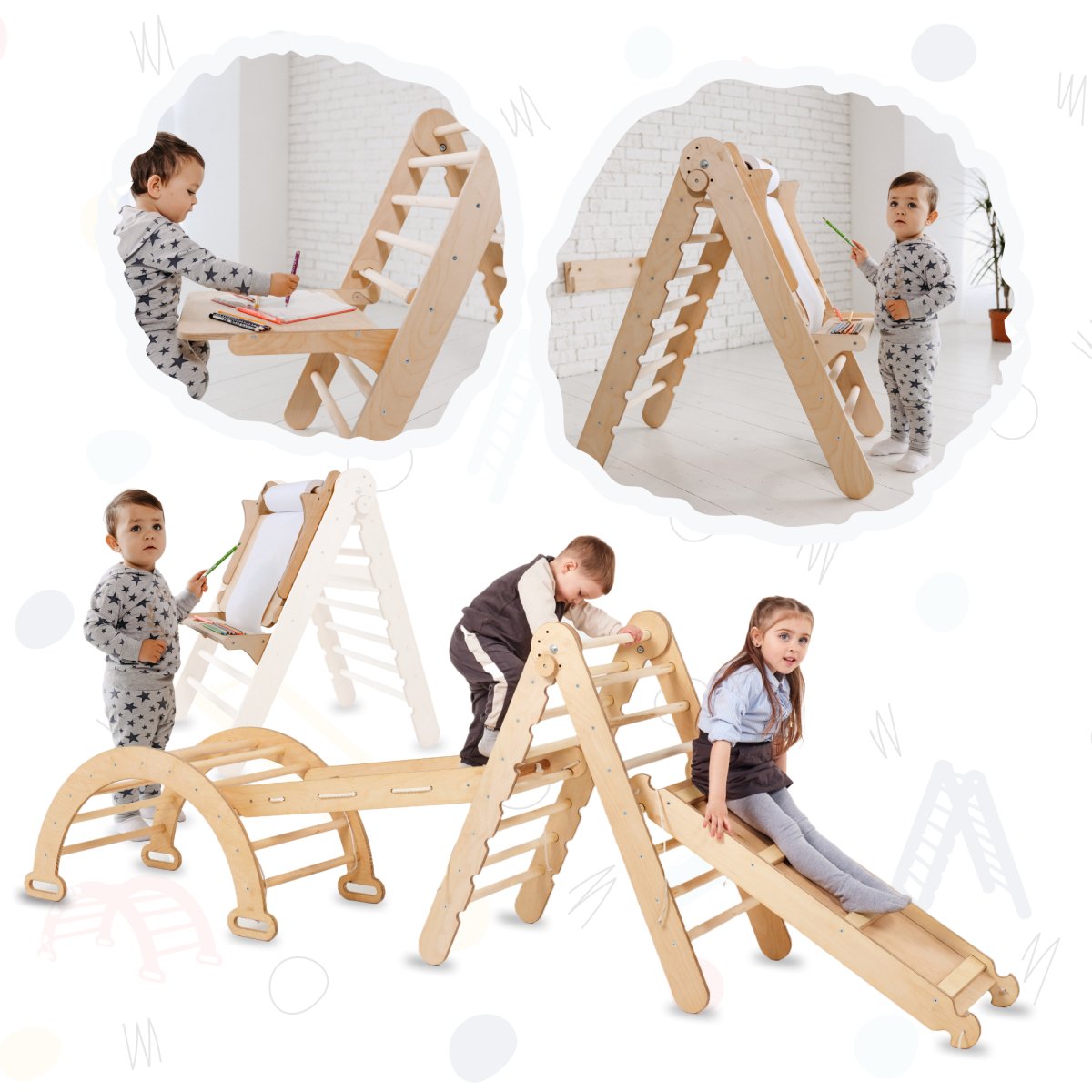 5in1 Montessori Climbing Set: Triangle Ladder + Climbing Arch + Slide Board + Climbing Net + Art Addition-0