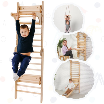 4in1 Wooden Swedish Wall / Climbing ladder for Children + Swing Set + Slide Board + Art Add-on-9