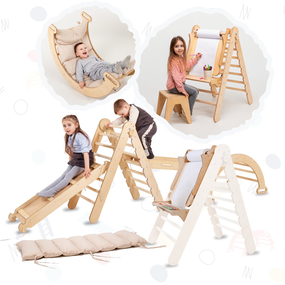 6in1 Montessori Climbing Frame Set: Triangle Ladder + Arch/Rocker + Slide/Ramp + Net + Cushion + Art Addition-0