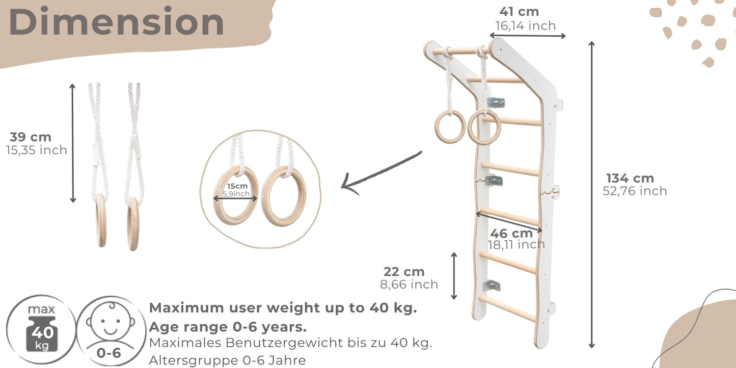 Mini Klettergerüst Indoor fürs Kinderzimmer | Sprossenwand aus Yarnwood | Turnwand + Turnringe | 100% ECO | Made in EU-1