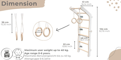 Mini Klettergerüst Indoor fürs Kinderzimmer | Sprossenwand aus Yarnwood | Turnwand + Turnringe | 100% ECO | Made in EU-1