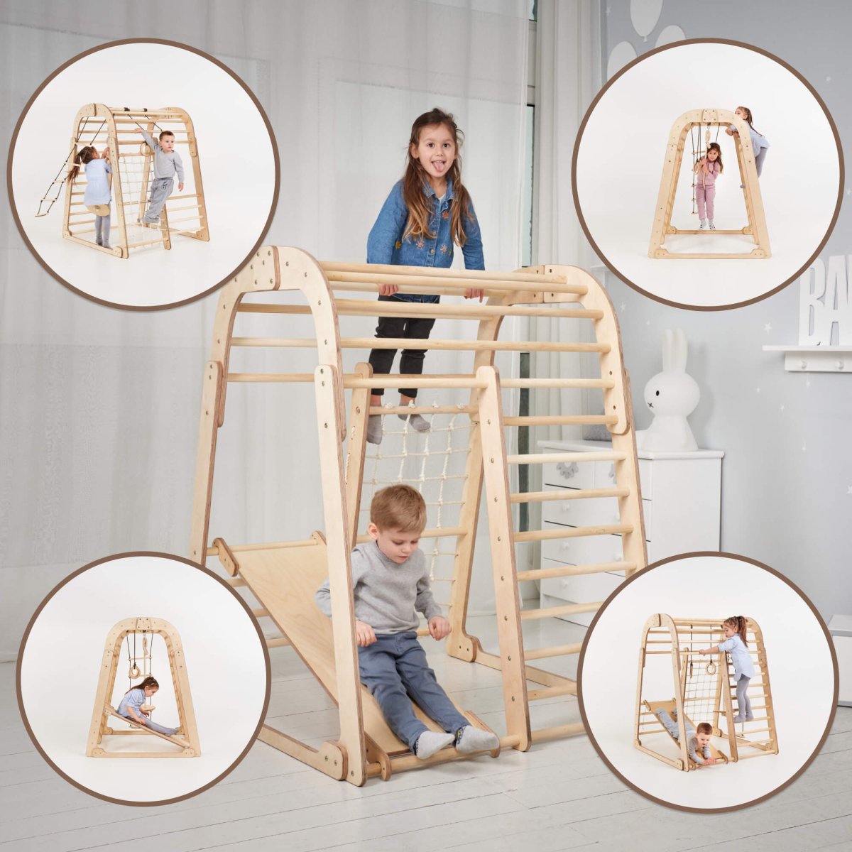 Indoor Wooden Playground for Children - 6in1 Playground + Swings Set + Slide Board-8