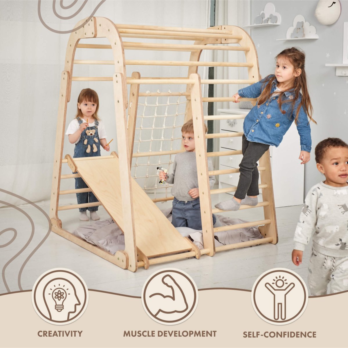 Indoor Wooden Playground for Children - 6in1 Playground + Swings Set + Slide Board-4