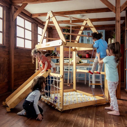 Indoor Wooden Playhouse with Swings and Slide Board-2