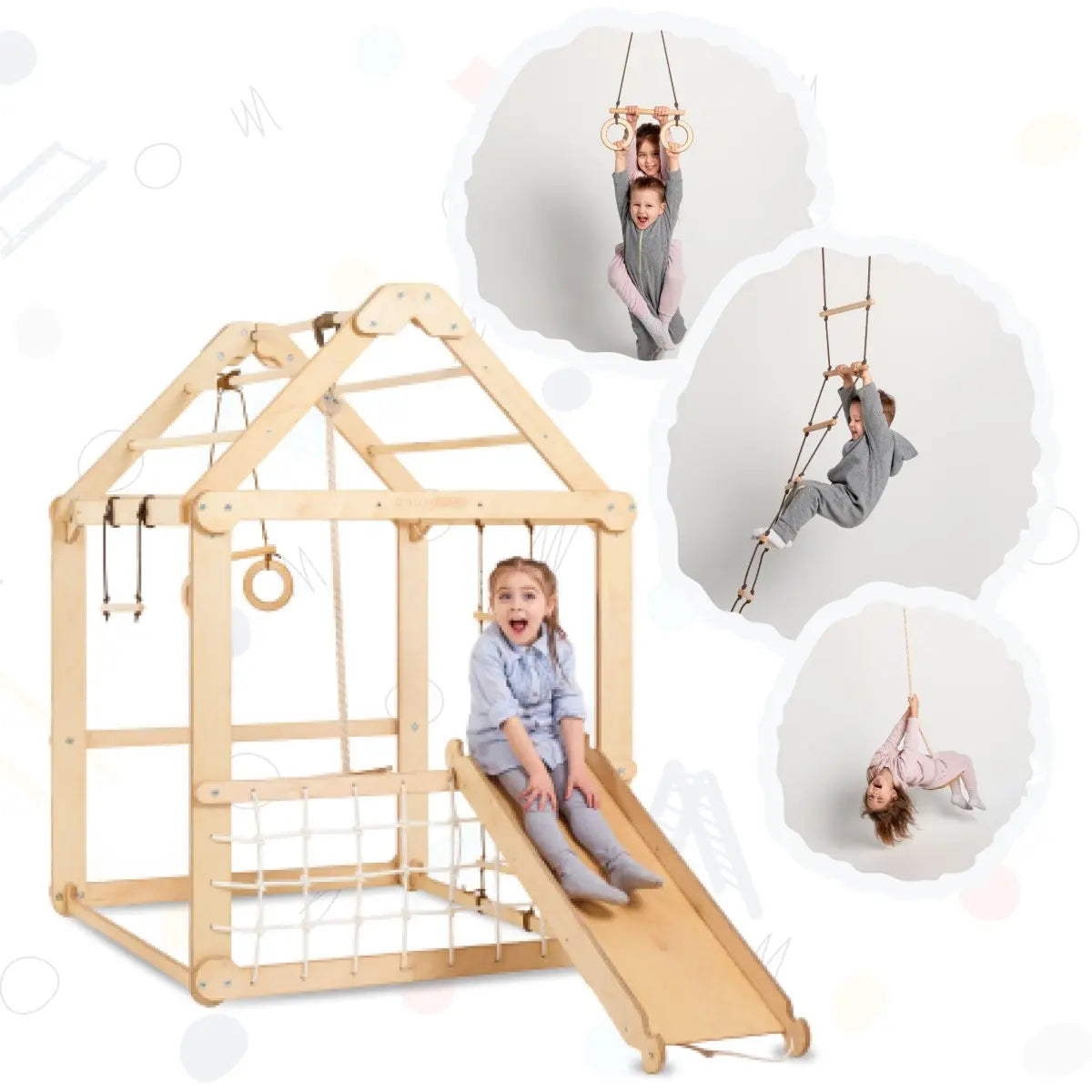 Indoor Wooden Playhouse with Swings and Slide Board-0