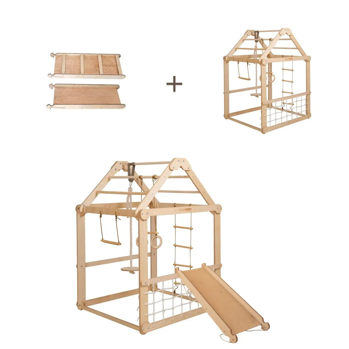 Indoor Wooden Playhouse with Swings and Slide Board-1