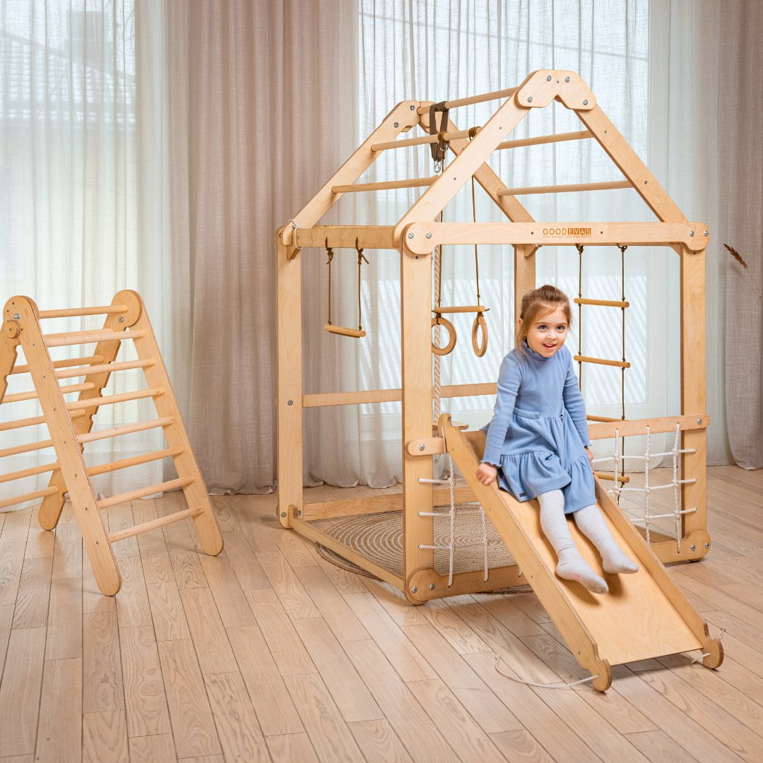 Indoor Wooden Playhouse with Triangle ladder, Slide Board and Swings-0