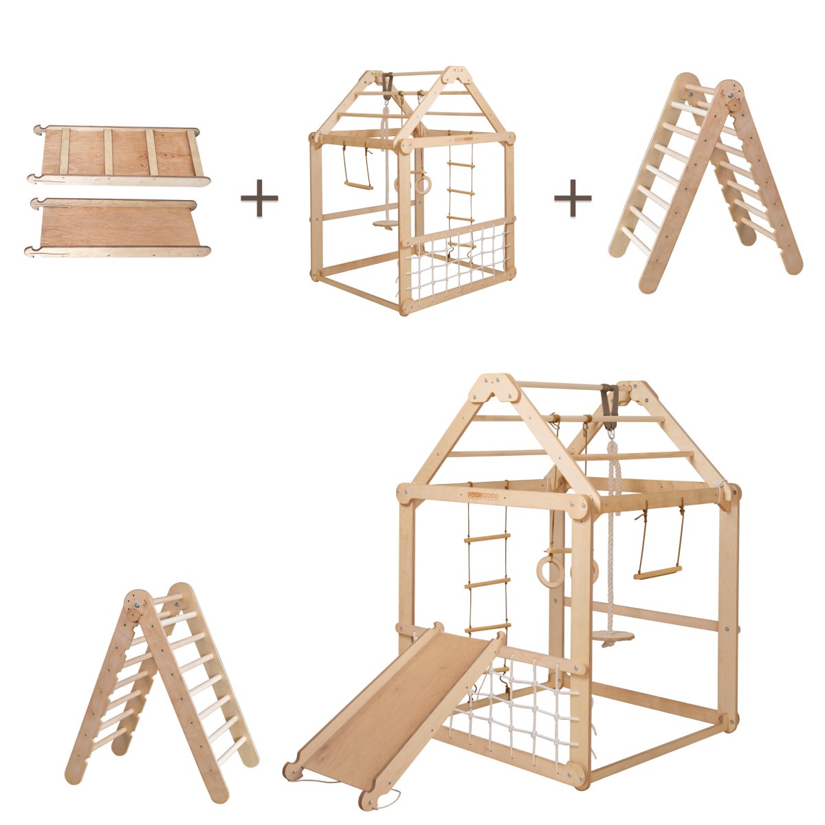 Indoor Wooden Playhouse with Triangle ladder, Slide Board and Swings-2