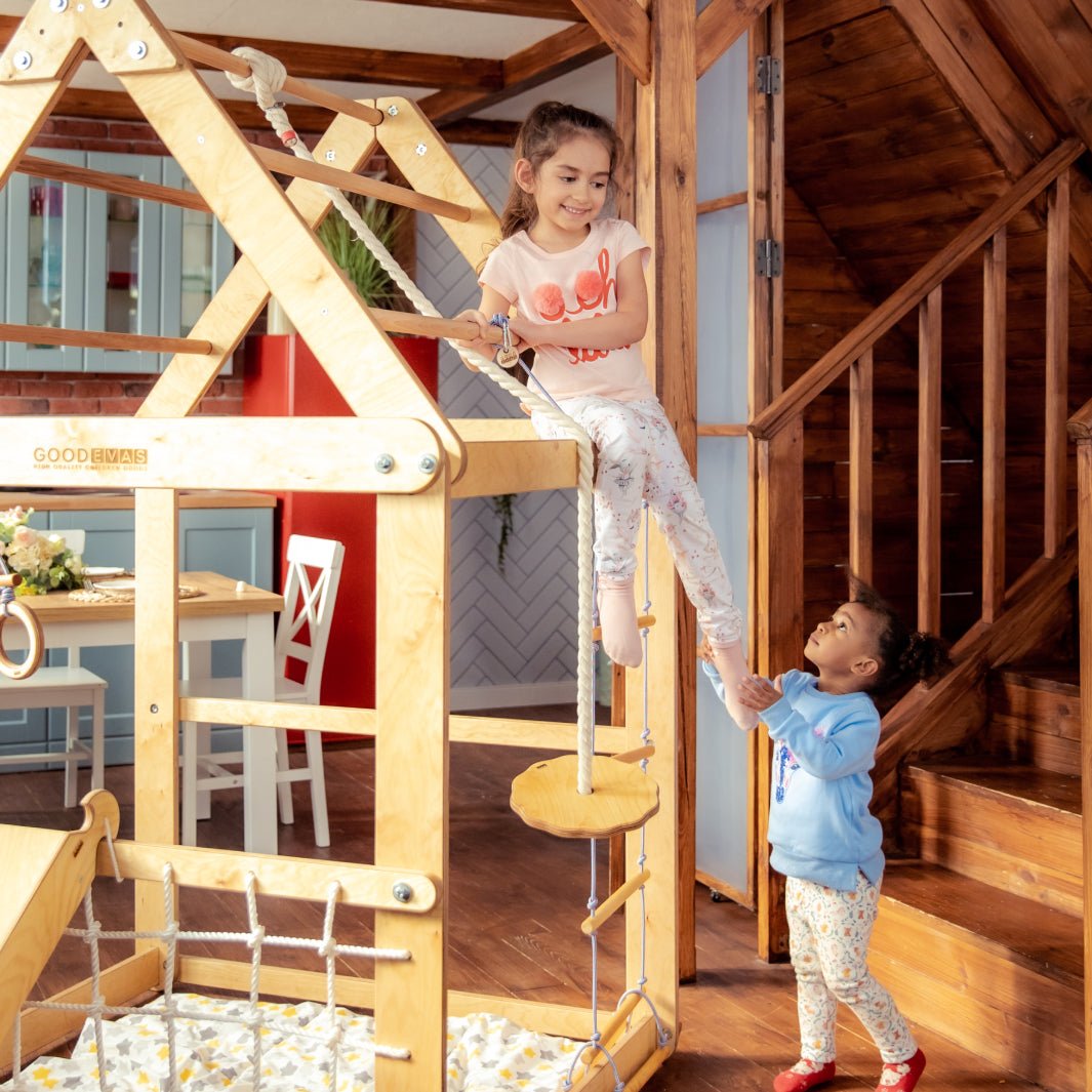 Indoor Wooden Playhouse with Triangle ladder, Slide Board and Swings-6