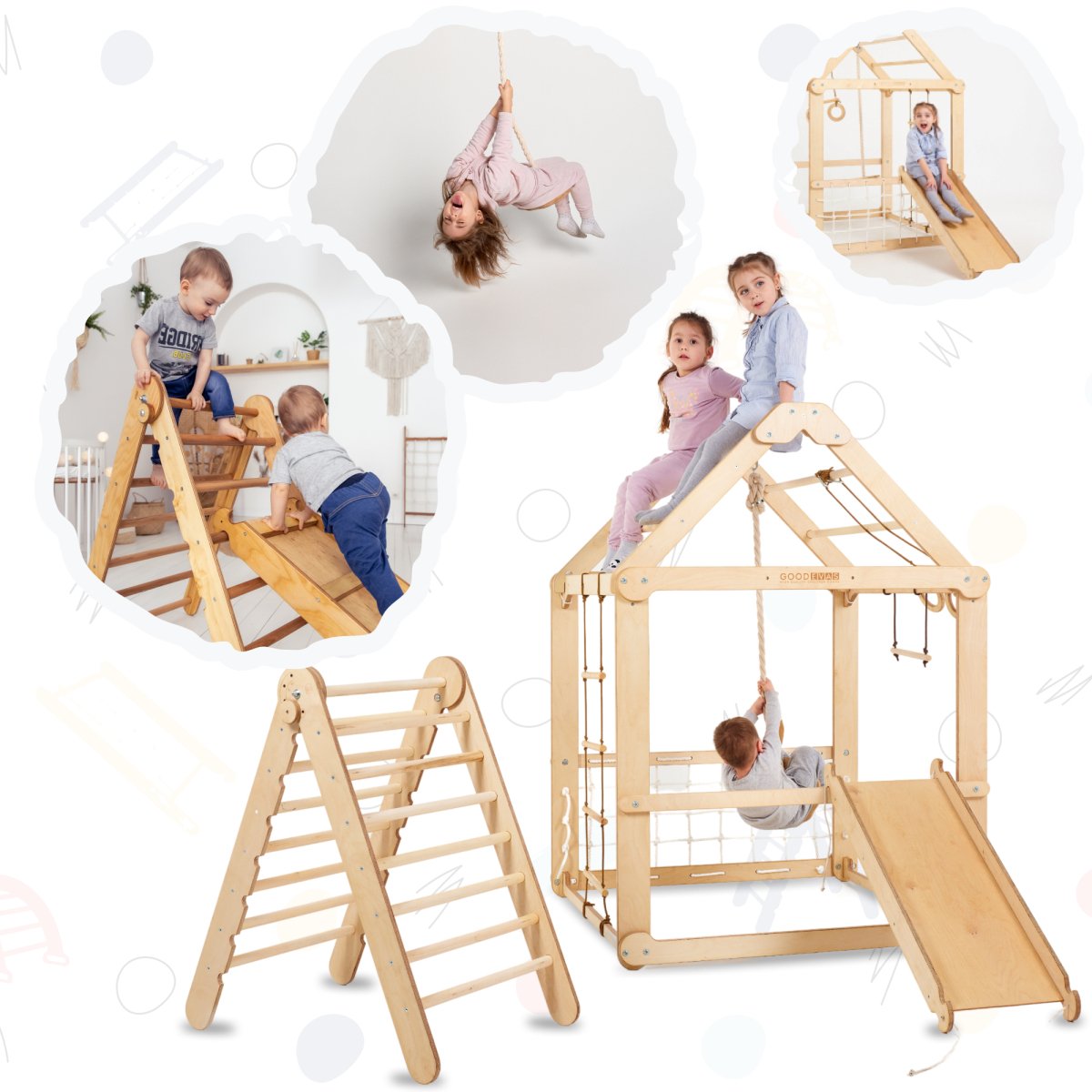 Indoor Wooden Playhouse with Triangle ladder, Slide Board and Swings-1