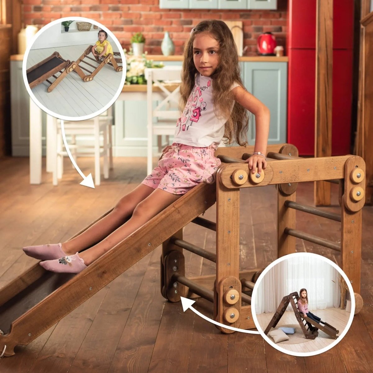 Montessori Climbing Frame Set 2in1: Snake Ladder + Slide Board/Climbing Ramp - Chocolate-1