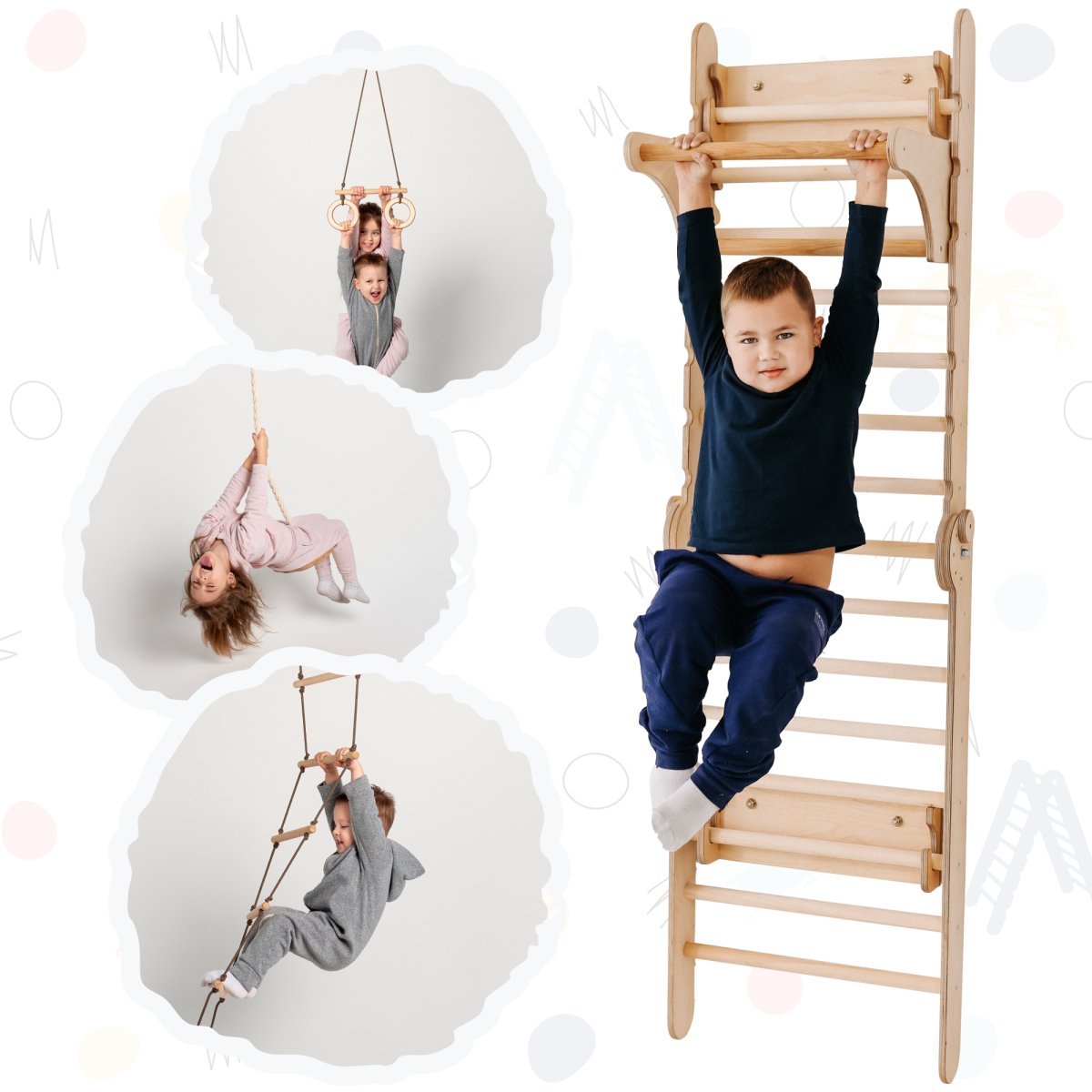 2in1 Wooden Swedish Wall / Climbing ladder for Children + Swing Set-9